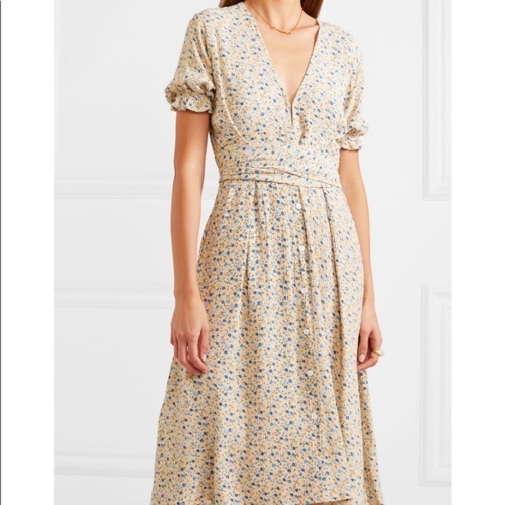 FAITHFULL THE BRAND Yellow Blue Floral Midi Farrah Crepe Dress Size 6/Med VGUC